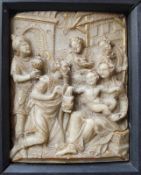 Alabaster-Relief, Anbetung der Hl.3 Könige, Mechelen, 17.Jhd. Alabaster geschnitzt mit Resten von