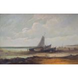 Byron, E. (Englischer Meister d. 19. JH.): Strandpanorama mit anlandendem Schiff bei Ebbe Öl auf