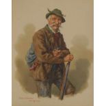 Kraemer, Peter (1857 München - 1941 ebenda): Porträt eines Waidmannes mit Pfeife und Flinte Aquarell