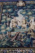 Tapisserie 18. Jh Aubusson Tanzende Bauern vor barocker Landschaft, Rahmenbordüre mit Blüten und