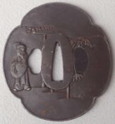 Tsuba, Eisen 18/19. JH. Mokko -Form -vierpassiges Oval, beidseitg mit der Darstellung von