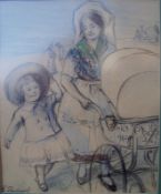 Schillbart: Mutter mit Kinderwagen und Tochter Bleistift und Aquarell auf Papier