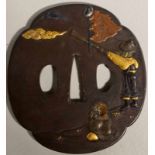 Tsuba, Eisen, Japan 19. JH. Mokko -Form -vierpassiges Oval, beidseitg mit der Darstellung von