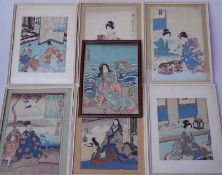 Sammlung von 7 japanischen Ukio-E Farbholzschnitten 19. Jh div. Motive -teilw. beschnitten,