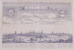 Lottain: Panoramaansicht von Münster nach Terborch Legende und zwei Wappenkartuschen, breiter