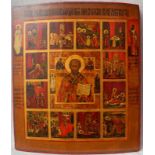 Große Festtagsikone Russland 1. H. 19. Jh. Heiligendarstellung inmitten von 12 Feldern aus dem Leben