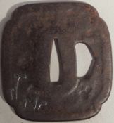 Tsuba, Eisen, Edo mit Falkendarstellung Rund, mit Rabarberblättern und Insekten - beidseitig,