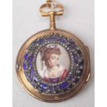Damenuhr mit Emailleportrait und Diamantlünette von 1780, 18 Kt Lepine a Paris Emailliertes
