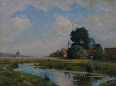 englischer Maler des 19.Jhd.: Landschaft mit Schäfer und Gehöft, Ende 19.Jhd. Öl auf Leinwand, weite