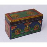 Kiste mit Tantristischen Symbolen Tropenholz bemalt mit Buddha Gautama, Vayras und Lebensrädern,