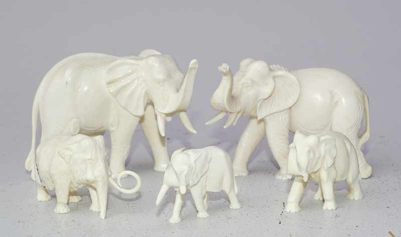 Sammlung von 8 Elefanten, Elfenbein geschnitzt u.a. 5 x Elfenbein geschnitzt (593 Gr.), 1xBronze,