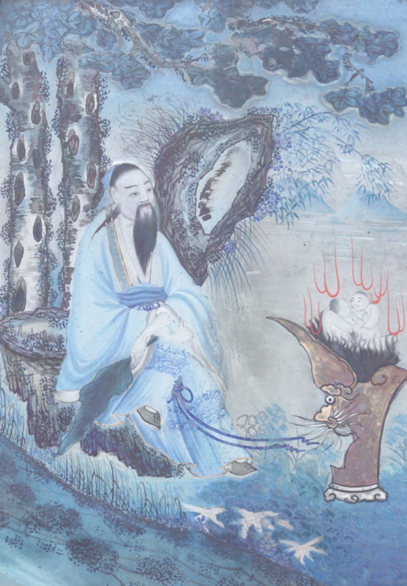 Pärchen chinesische Hinterglasmalereien 19. Jhd. Bolihua Pärchen mythologische Figuren oder