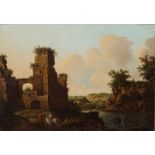 Italienische Ruinenlandschaft mit Fluss und Reisenden italienischer oder englischer Meister 18. Jhd.