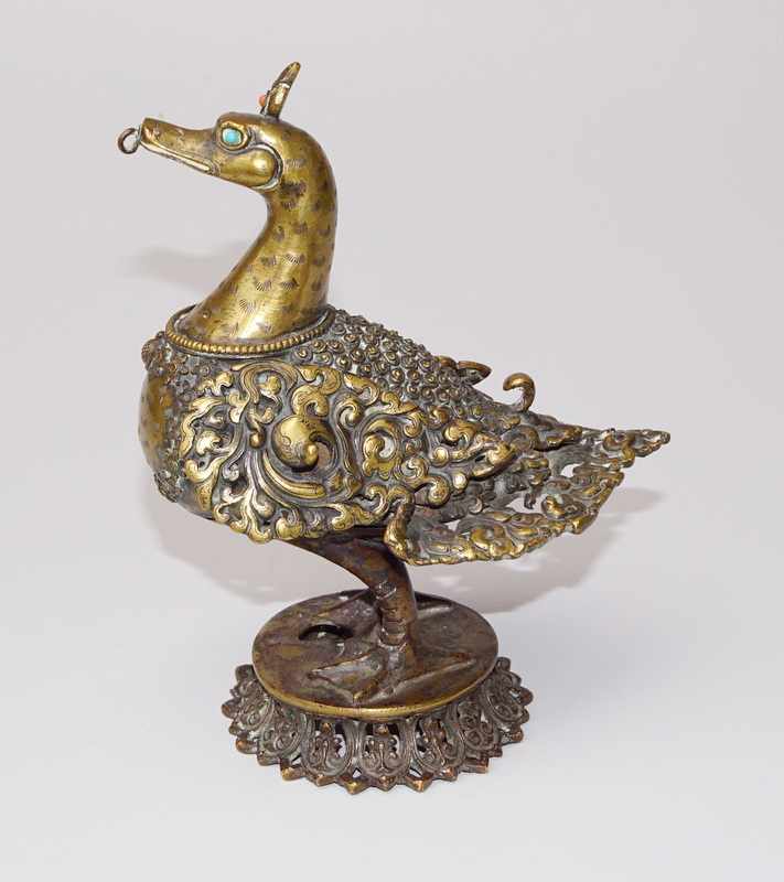 Tibetisches Räuchergefäß in Form einer Gans, Bronze, 18.Jhd. Bronze gegossen ziseliert und graviert, - Image 2 of 4