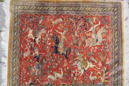 Persischer Veramin Jagdteppic, Seide auf Seide Darstellung mit 5 Reitern bei der Hirschjagd, Seide