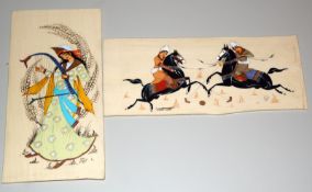 2 persische Miniaturmalereien auf Beinplatten Kaseinfarbe und Goldhöhung, signiert "Takestan", auf
