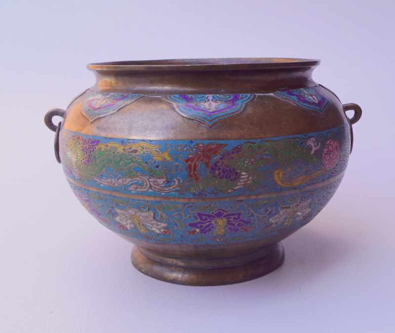 Großer Cloissonee-Henkeltopf, Qianglong China, 18.Jhd.(oder früher) Bronze mit Cloissonnee,