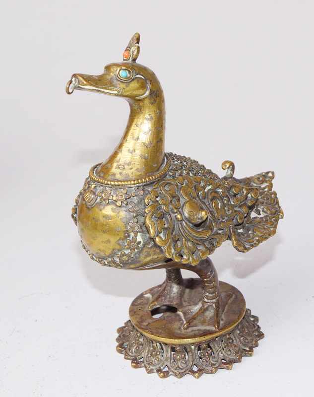 Tibetisches Räuchergefäß in Form einer Gans, Bronze, 18.Jhd. Bronze gegossen ziseliert und graviert,
