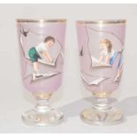 2 Gläser mit Emailmalerei, um 1900 farbloses Glas partiell Reste von Vergoldung, auf der Kuppa