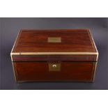 A Victorian rosewood brass bound writing box, with inset brass plaque with initials, the lid opening