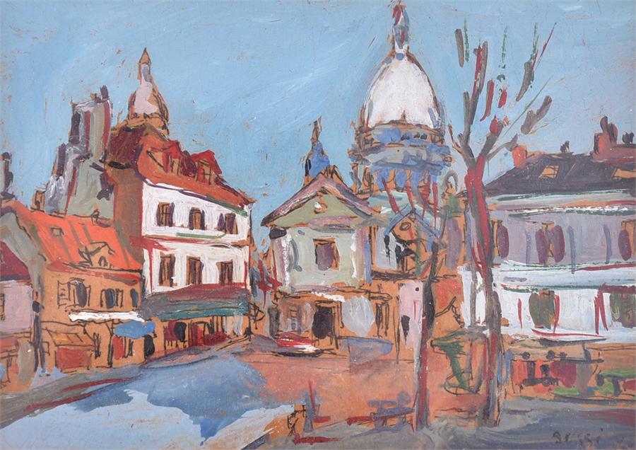 Small framed urban scene late 20th century European, a brightly coloured depiction of a square and