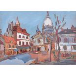 Small framed urban scene late 20th century European, a brightly coloured depiction of a square and