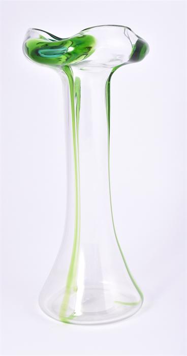 A Stewart Art Nouveau peacock vase in green and clear blown glass, with tapered stem and broad foot.