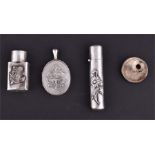 A small collection of silver items including a silver toothpick/perfume bottle holder, having