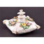 A late 19th / early 20th century Meissen porcelain cushion shaped ink well the body decorated with