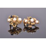 A pair of yellow gold, sapphire, and pearl cluster earrings. L: 2cm Weight, 6 grams.