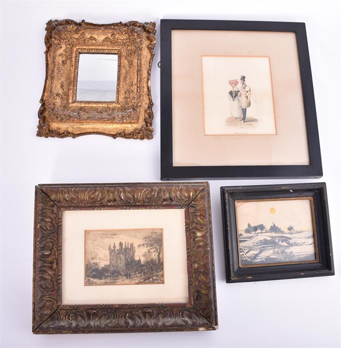 A small collection of assorted 19th century pictures including a small watercolour sketch of a