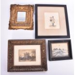 A small collection of assorted 19th century pictures including a small watercolour sketch of a