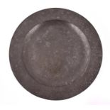 An 18th century pewter charger bearing touchmark of Robert Massam (London, 1736 - 1755). D: 47cm