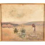 An early 20th century framed rural scene of a young woman chasing geese through a field, the sea