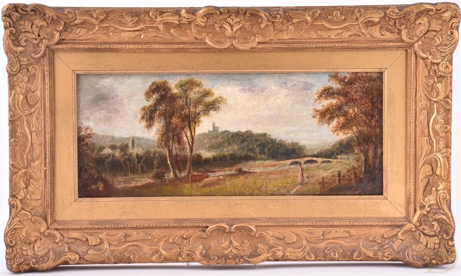 Manner of Thomas Gainsborough A 19th century landscape scene with cattle in a meadow, a bridge in - Image 2 of 3