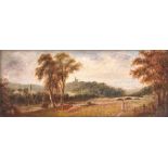 Manner of Thomas Gainsborough A 19th century landscape scene with cattle in a meadow, a bridge in