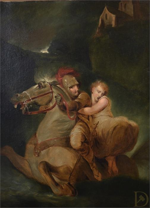 A framed mid 19th century painting of a knight on horseback a knight and a female figure sit astride