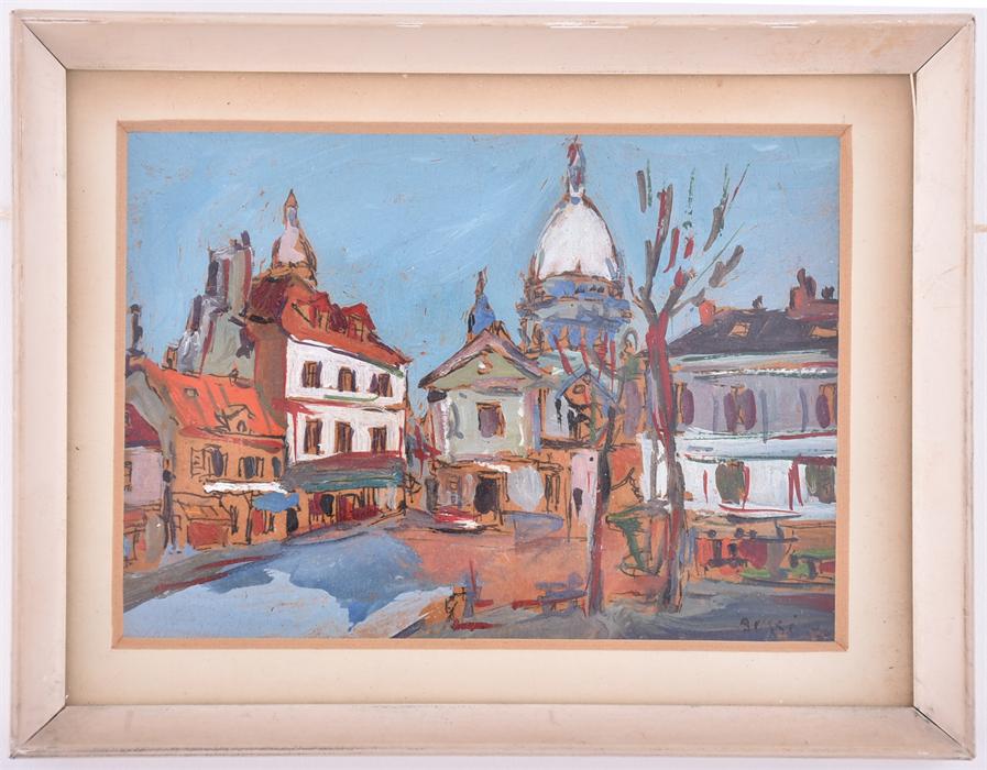 Small framed urban scene late 20th century European, a brightly coloured depiction of a square and - Image 2 of 3