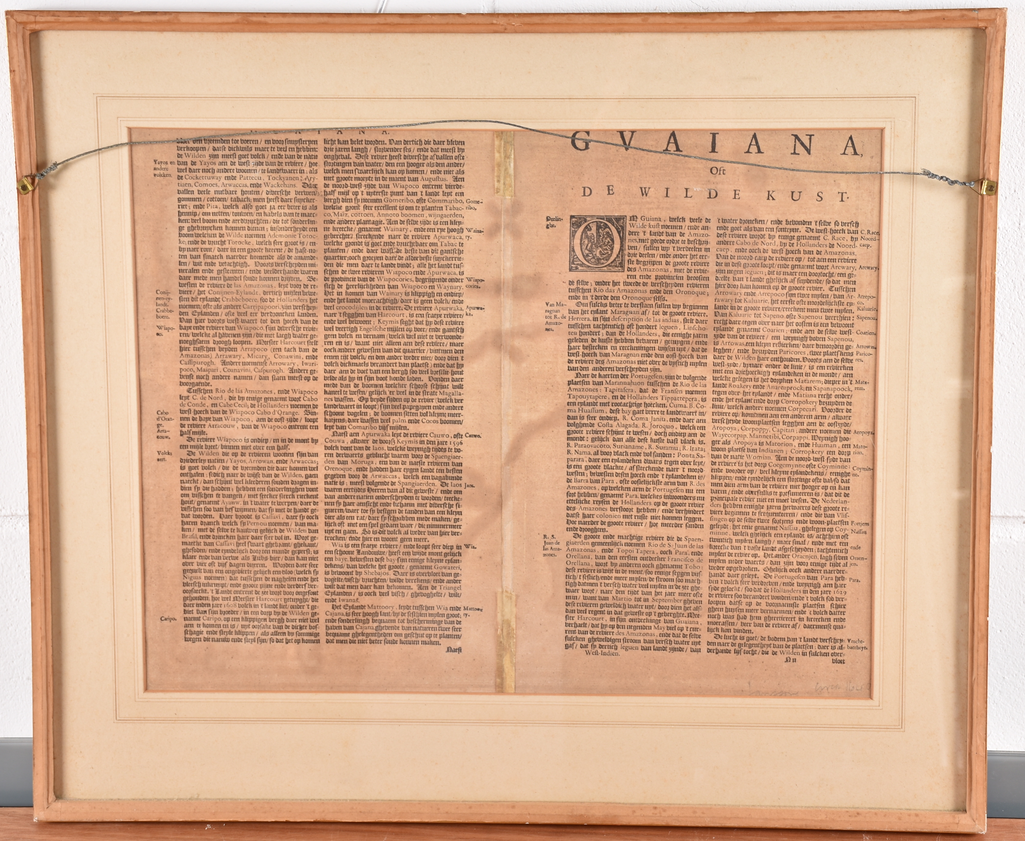 A 17th century hand-coloured engraving entitled 'Map of Guiana' Dutch text to verso recounting - Image 2 of 2