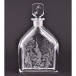 An Orrefors glass decanter and stopper by Edward Hald with acid etched engraving of a pheasant