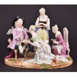 A Vienna porcelain group of 'Cupid in Disguise', Cupid reading to three young ladies raised on