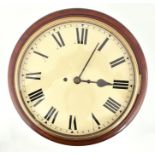 A 19th century mahogany twin fusee circular wall clock the plain cream painted dial with black Roman