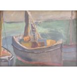 Elspeth Spottiswood (1926-) British A small framed painting of boats in a harbour, oil on paper,