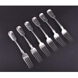 A set of six Victorian fiddle pattern silver dinner forks hallmarked London 1844, makers mark for