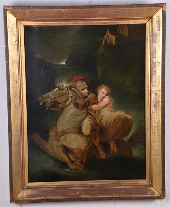 A framed mid 19th century painting of a knight on horseback a knight and a female figure sit astride - Image 2 of 3