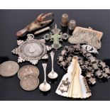 A quantity of miscellaneous items, to include a white metal mesh purse, a Scottish bird claw brooch,