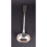 A George IV Fiddle and thread crested silver soup ladle with a faded engraving at top of handle,