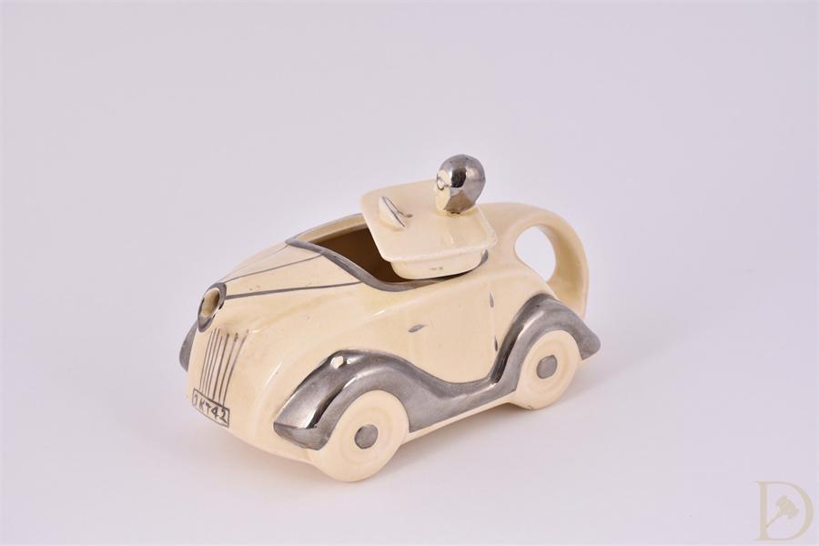A Sadler novelty cream pottery racing car tea pot, number plate OK T42, with chrome painted - Image 2 of 5