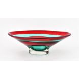 A large mid 20th century red and green glass dish  striped, of oval form, 13.5 cm high, 26 x 41 cm