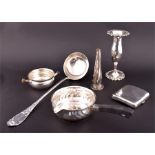 A quantity of six silver items including a brandy saucepan, a brandy pan, a posy vase, tapered lobed